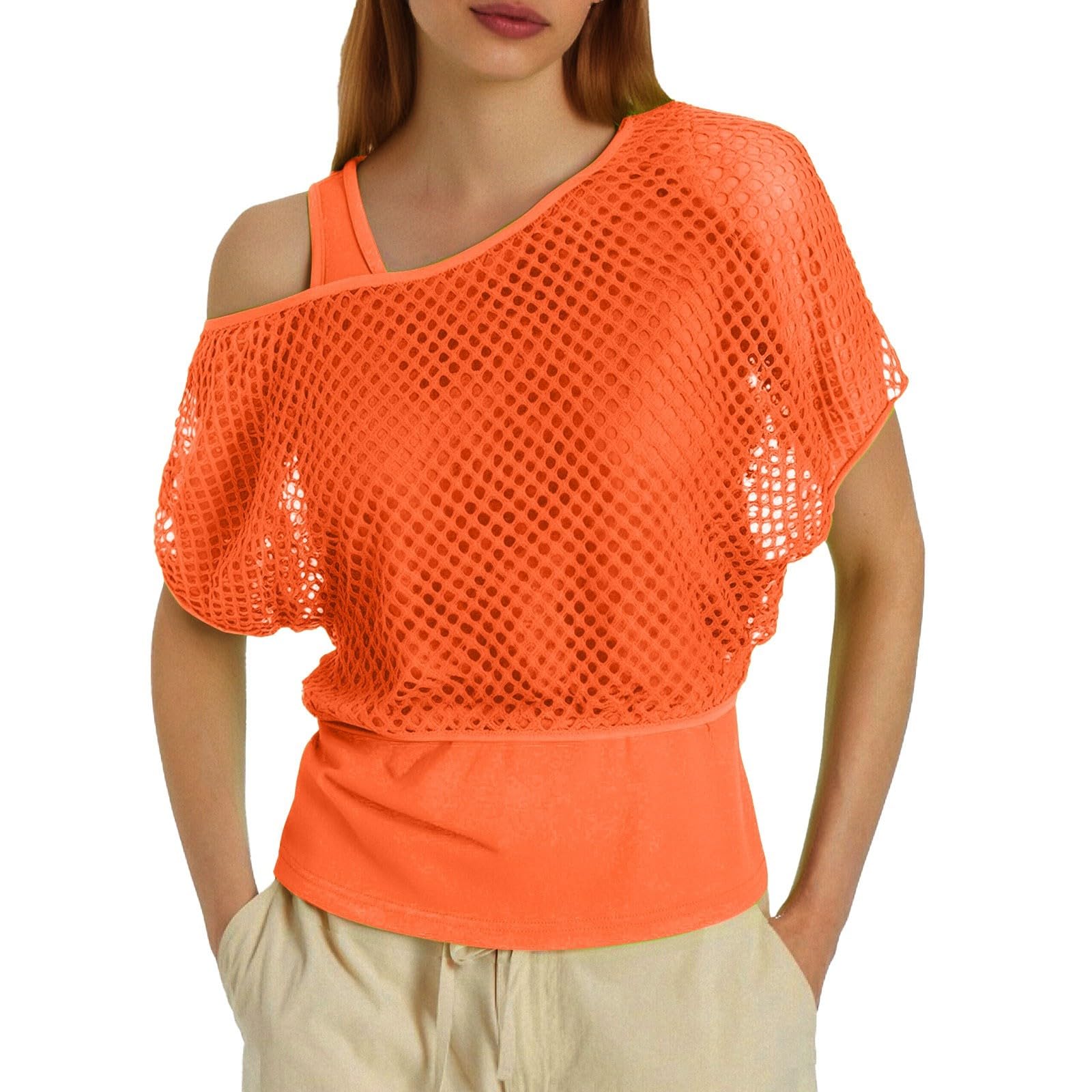80S Neon Mesh Top for Women Fishnet T Shirts Sheer Off Shoulder Tops and Vest 2 Pieces Set Party Outfit Sexy Disco Clothes Y2K Gothic Tops Retro 90s 80s Party Costume Rave Outfits (Z1-Orange, XXXXXL)