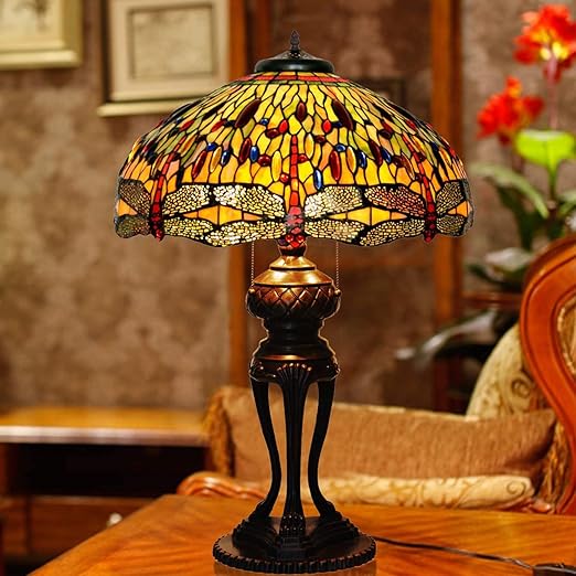 errzom 20" Rose Dragonfly Tulip Wisteria Grape Lily Apple Flower Lotus Tiffany Stained Glass Table Lamp Christmas Lights for Girl Living Room Dresser Desk Reading Bedroom Bedside,Dragonfly