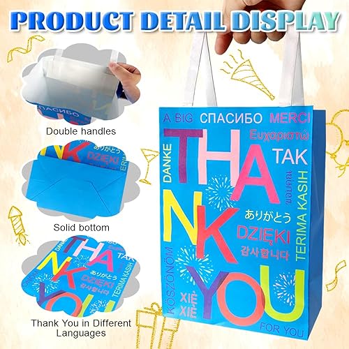Miniatura 6 de KiDEPOCH Paquete de 24 bolsas de regalo de agradecimiento en diferentes idiomas, bolsas de regalo de agradecimiento para regalos de fiesta, bolsas