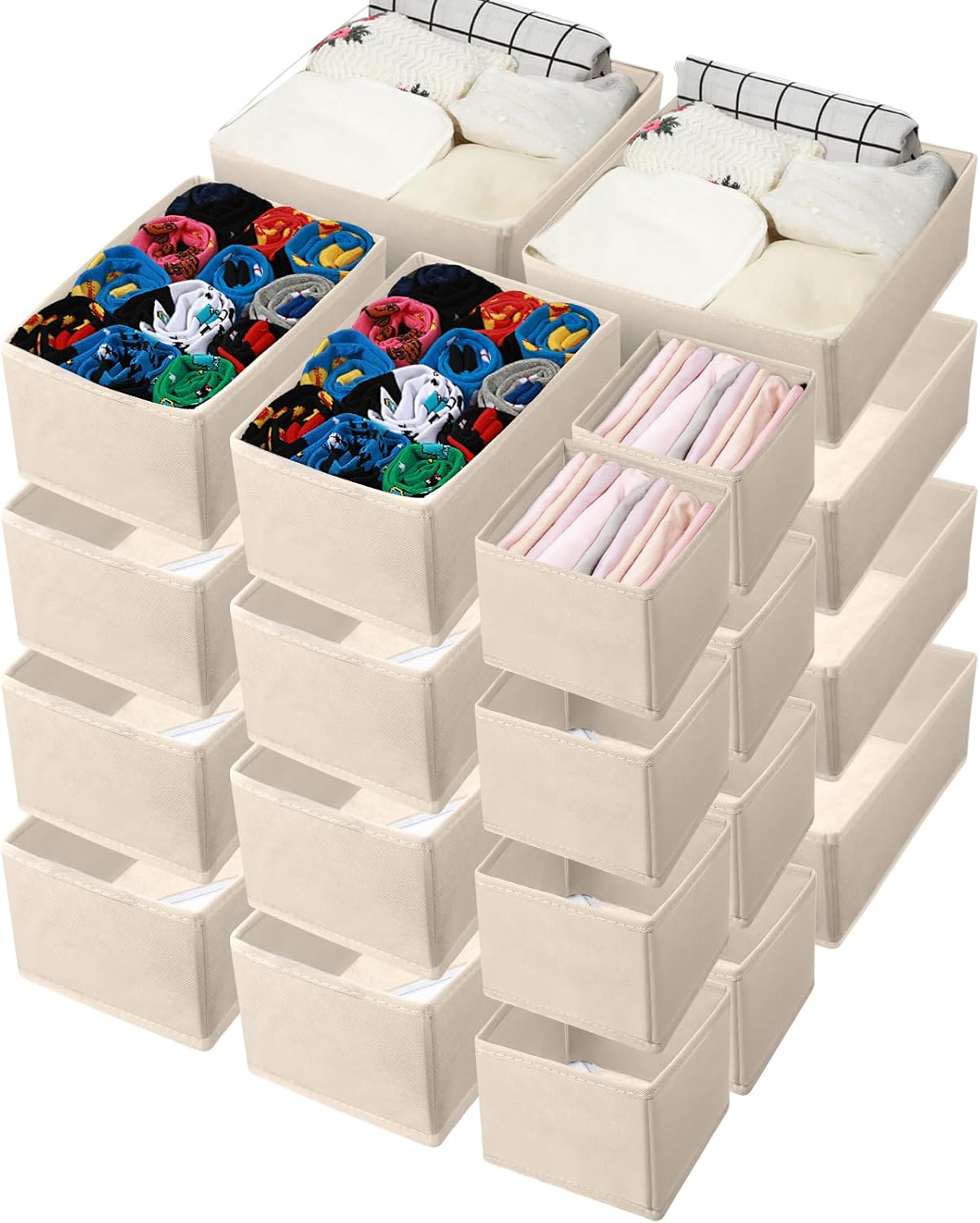 Potchen 24 Set Fabric Dresser Drawer Organizer Bins Dividers for Clothes – Nursery Home Bins Fabric Foldable Closet Clothing Wardrobe Storage Box Container Basket for Bras Socks Underwear(Beige)