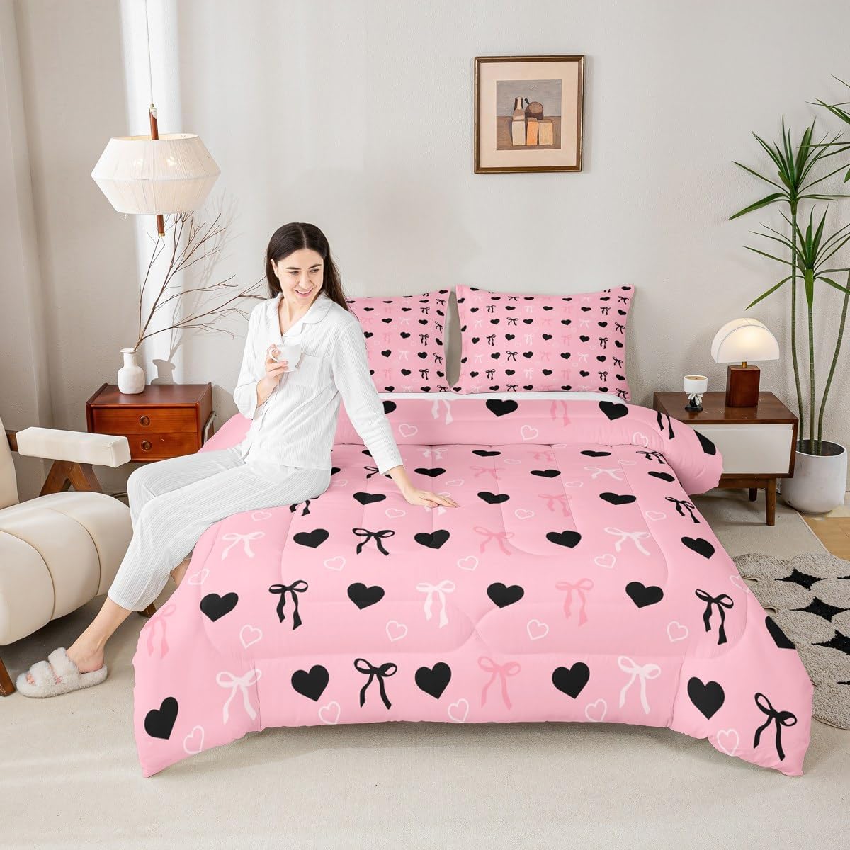 Feelyou Bow Tie Comforter Set Full Size Heart Love Bedding Set for Kids Boys Girls Decor Bow Duvet Quilt Pink Black White Romantic Bedroom Decor