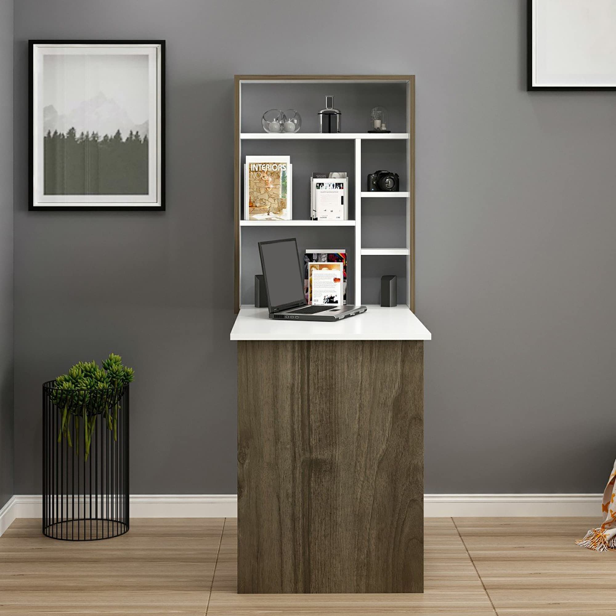 [en.casa] Escritorio Plegable de Pared Mesa de Cocina con Estantes para Habitaciones Pequeñas Aglomerado Plegado 82 x 62 x 16 cm Blanco/Nogal