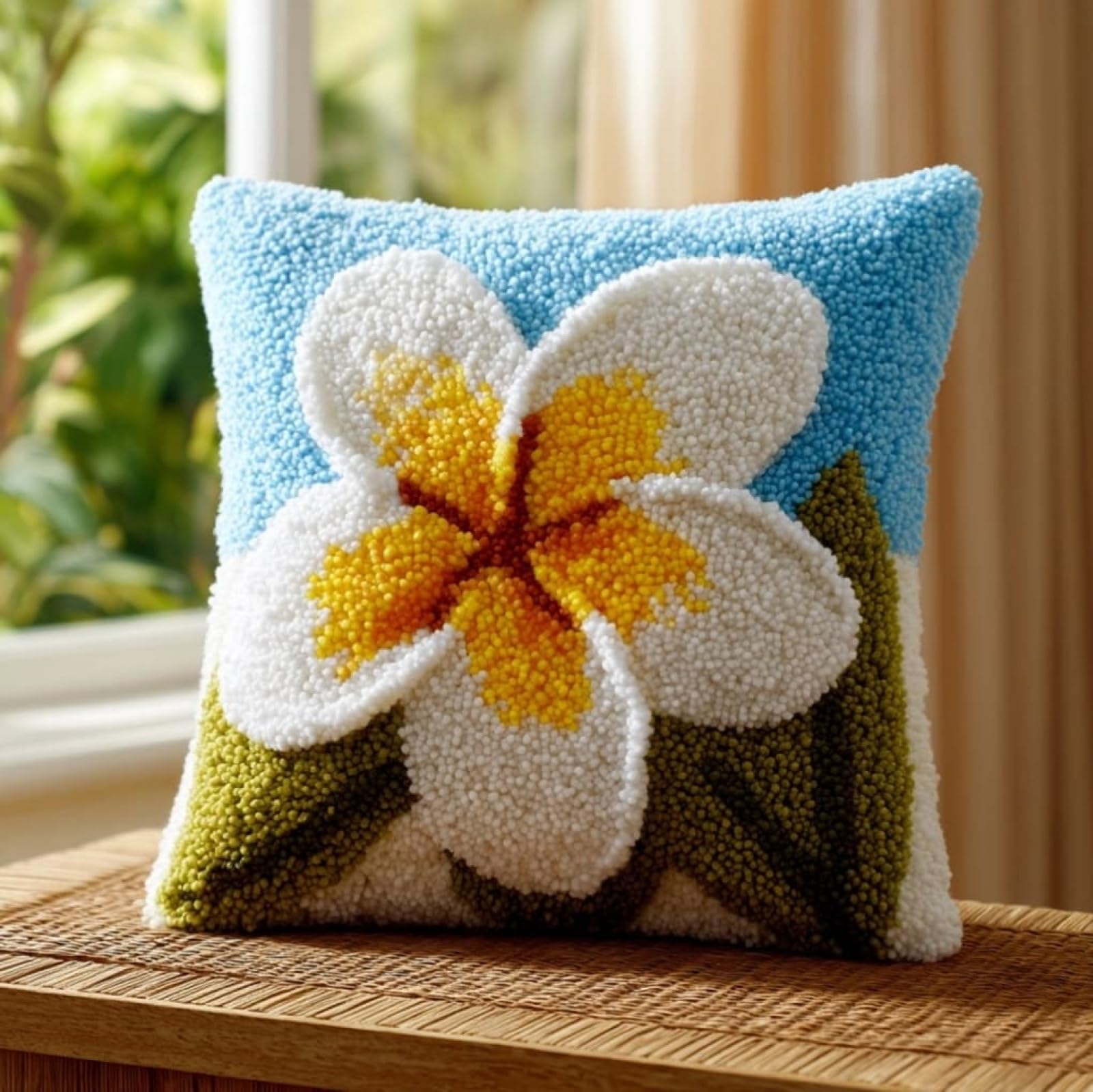 AxiangziK DIY Latch Hook Cushion Cover Kit 43x43cm,Frangipani Full Accessories Yarn Craft Set,Cushion Making Kit Ideal Gift for Adults,Craft Enthusiasts