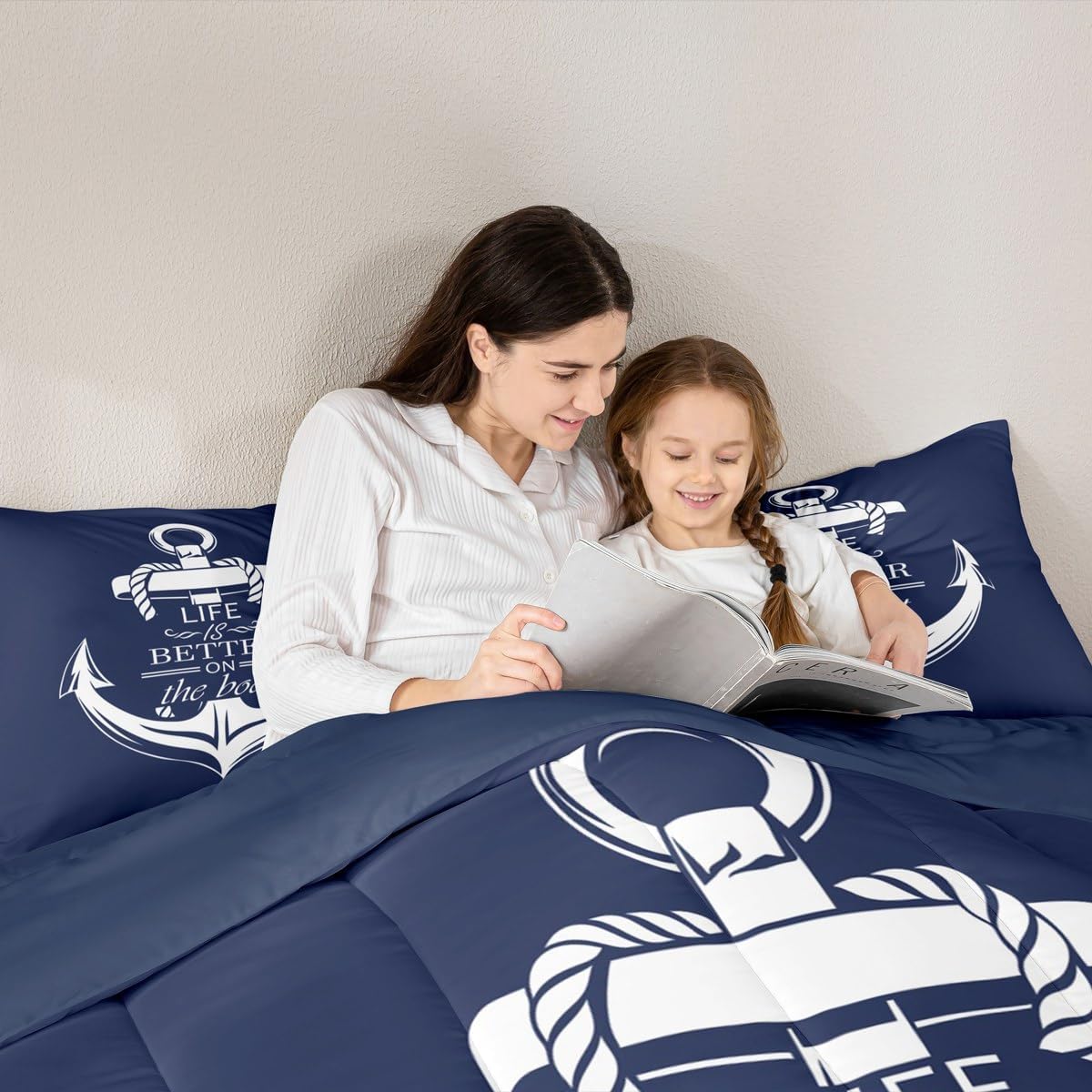 Castle Fairy Nautical Anchor Comforter Set Twin Size,Boat Life Themed Art Anchor Print Bedding Set for Kids Boys Men,Blue Ocean Themed Navy Quilted Duvet Set with 1 Pillowcase