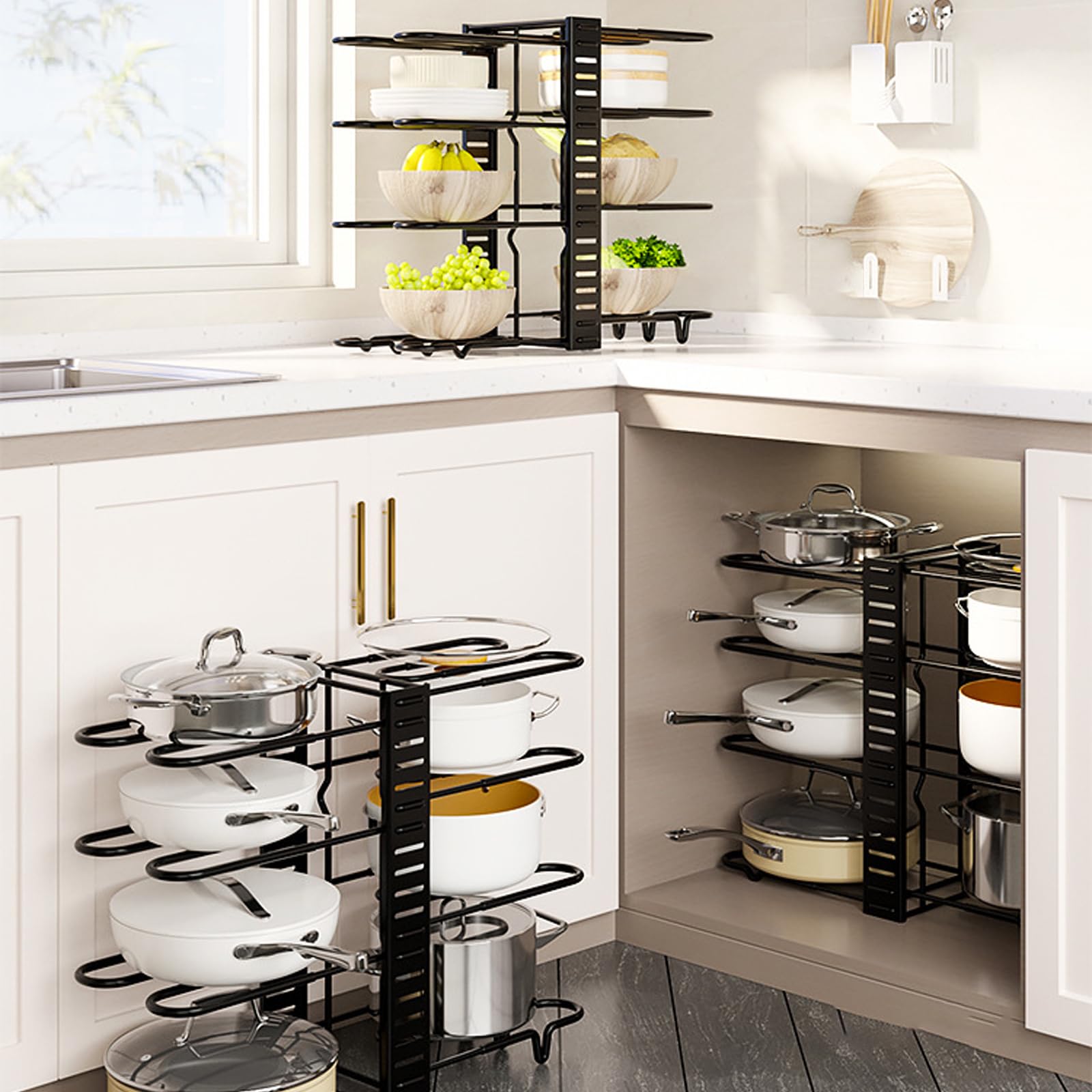 Dxcaicc Organizador de ollas, Soporte para Tapas de ollas en la despensa, Altura y posición Ajustables para organizadores y Almacenamiento de gabinetes de Cocina