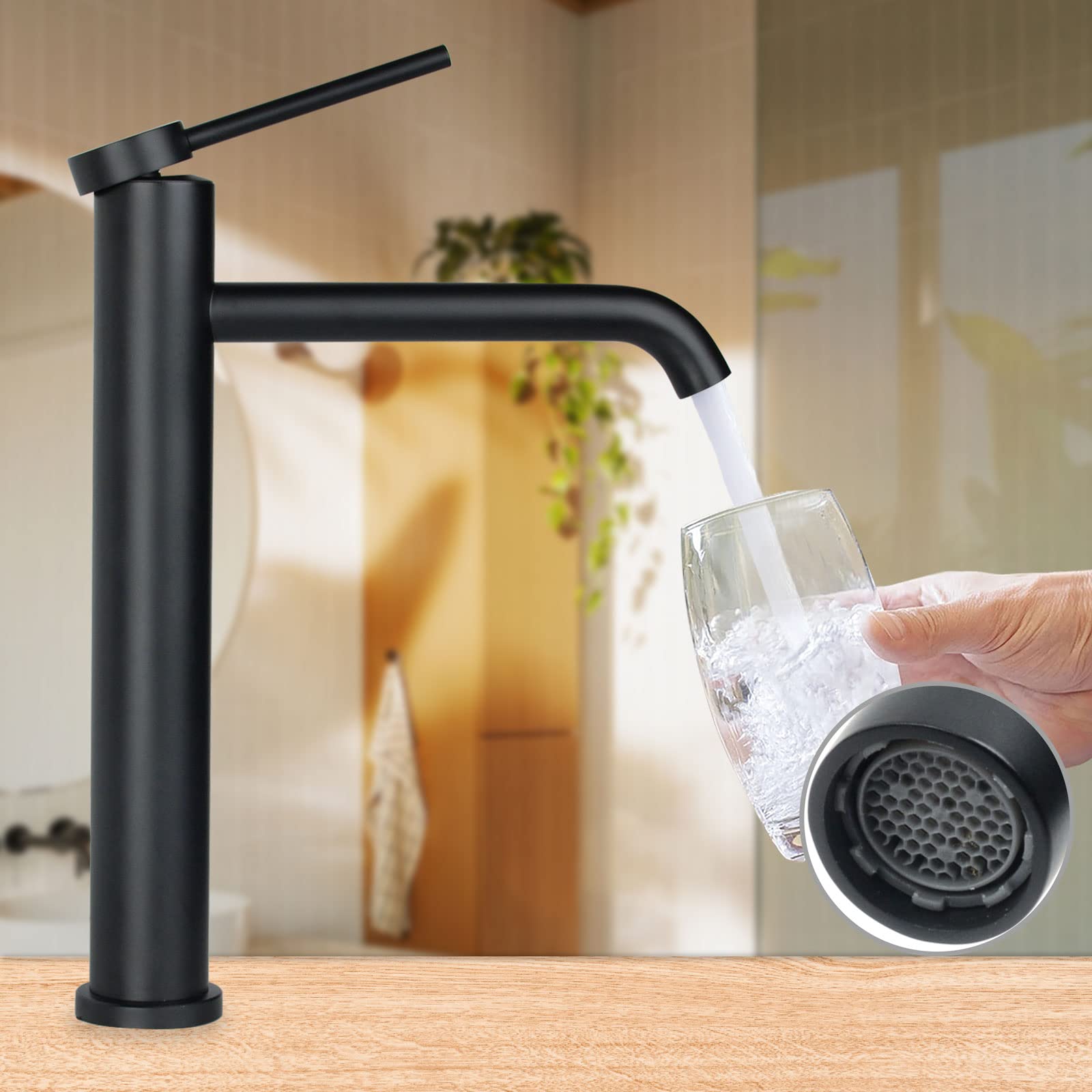 PHASAT Wasserhahn Bad, Wasserhahn Aufsatzwaschbecken Hoch Aufsatzwaschbecken Armatur Mischbatterie Einhebelmischer Waschbecken Armatur Matt Schwarz PTMP01B