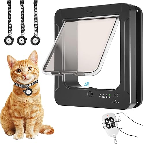 Puerta inteligente para gatos con sensor de 3 collares, collar de puerta de gato RFID activado con control remoto, puerta automática para mascotas