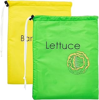 2Pcs Banana Bag with Drawstring, 14x11in Reusable Vegetable Bags for Refrigerator with Foil Lining, Washable Fridge Fruit Fresh for Bananas and Lettuce Vegetable Bags for Refrigerator