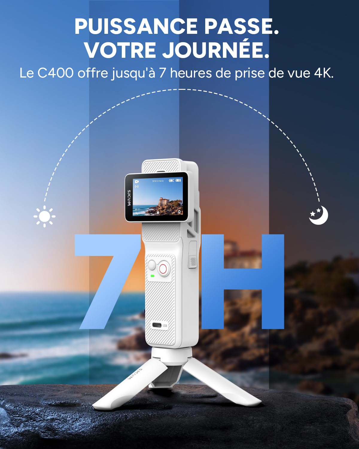 SJCAM C400 Bundle Vlog(256Go),Camera Vlog 4K avec 7H d'Autonomie | Écran Tactile Rotatif 2.29",Imperméable,Stabilisation 6 Axes,Caméra d'action pour Youtube,Vlog,Voyages,Activités,Blanc