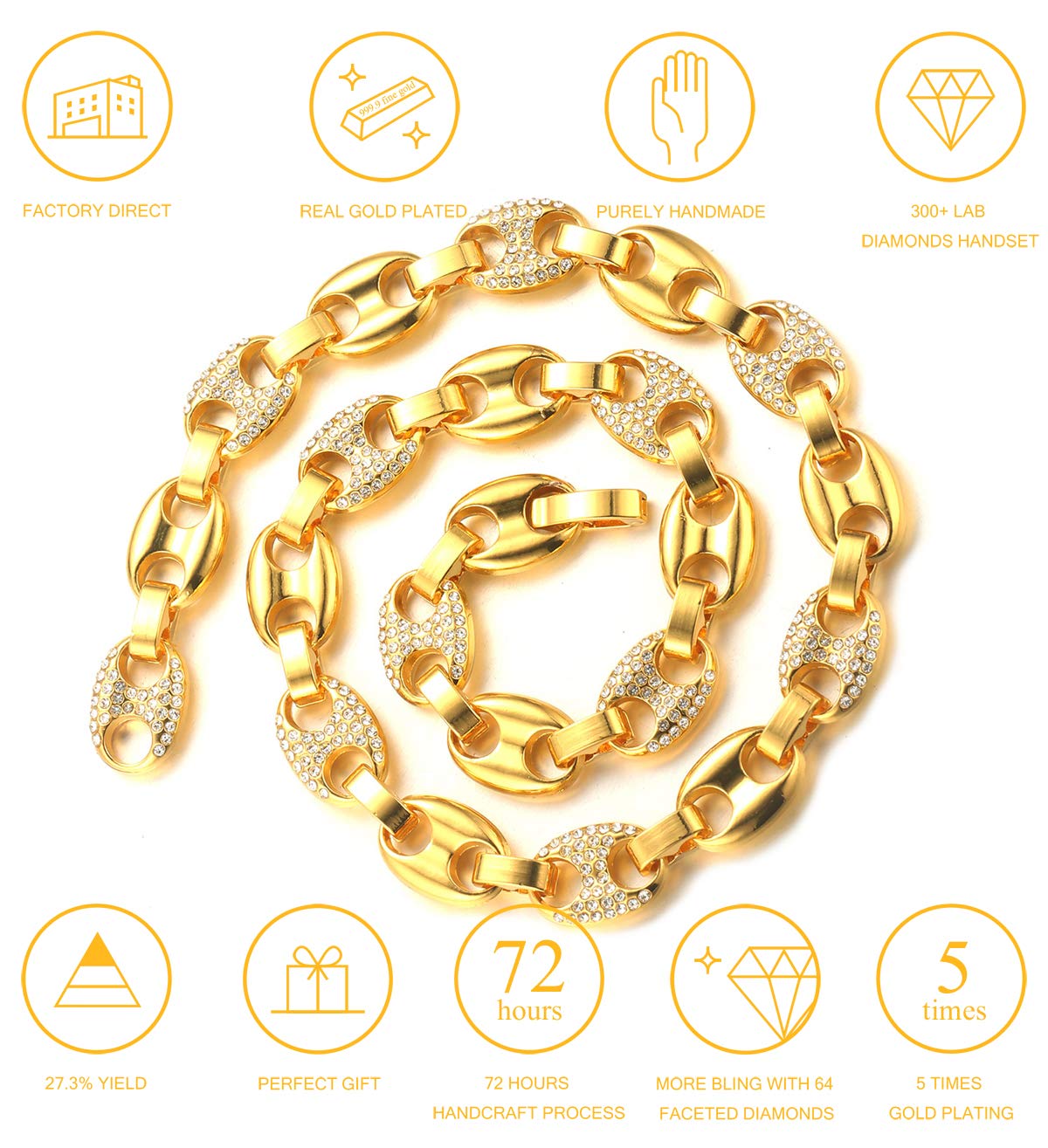 HALUKAKAH Collane Bracciali Uomo Oro,Catena di Chicchi di caffè Iced out con Diamante,18kt Vero Oro/Oro Bianco Girocollo Bracciale,Oro/Argento,con Pacco Regalo Gratuito