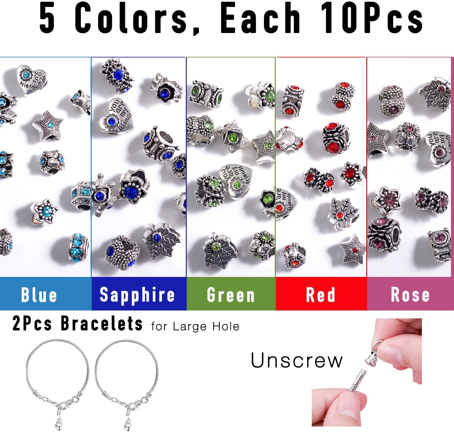 50pcs Large Hole Metal Spacer Beads for Bracelet Necklace Jewelry Making, Rhinestone Focal Beads for Pen Hair Keychain, Mixed Style (50Pcs Rhinestone) - Image 7