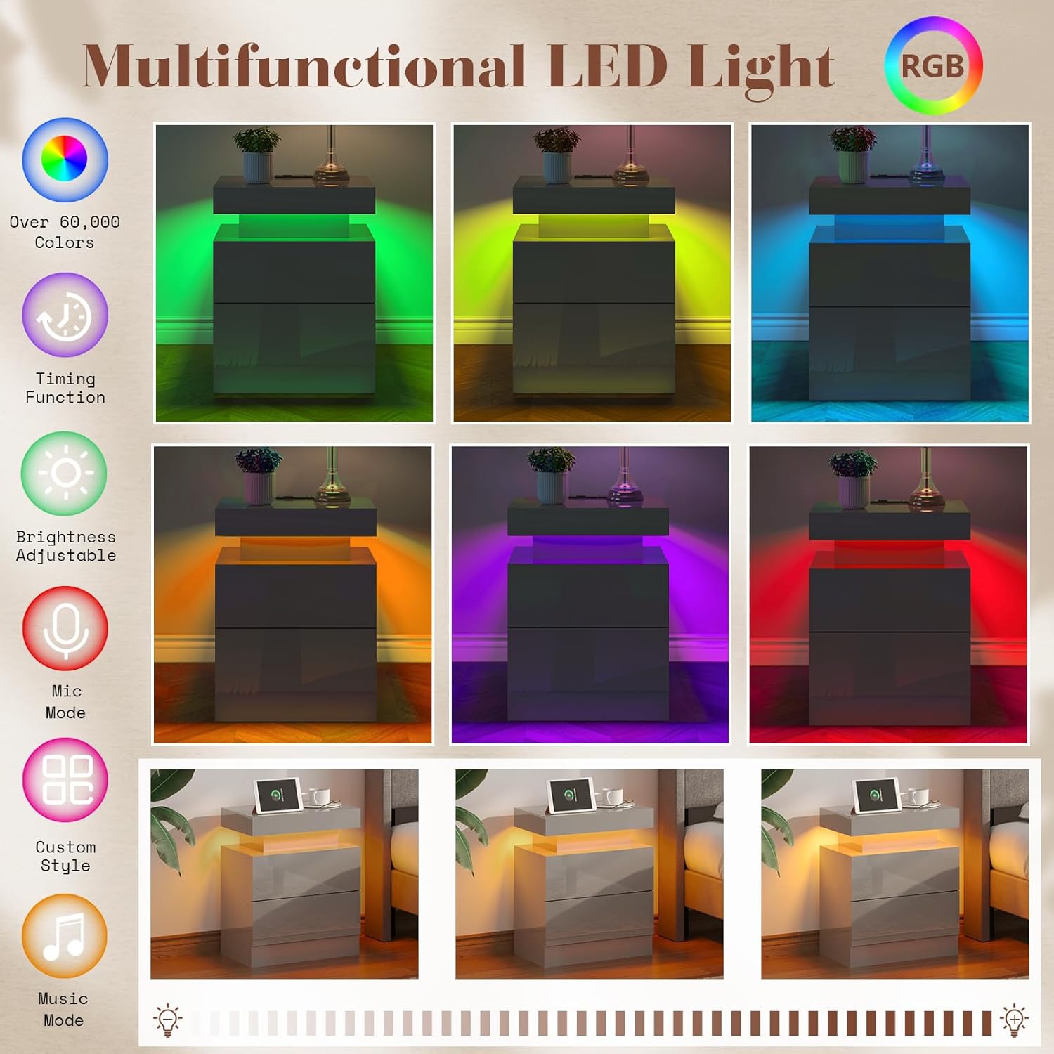 Nightstand Set of 2 with Charging Station and LED Light, Modern Side Table with 2 Drawers and Open Storage Shelf, End Table for Bedroom, Grey