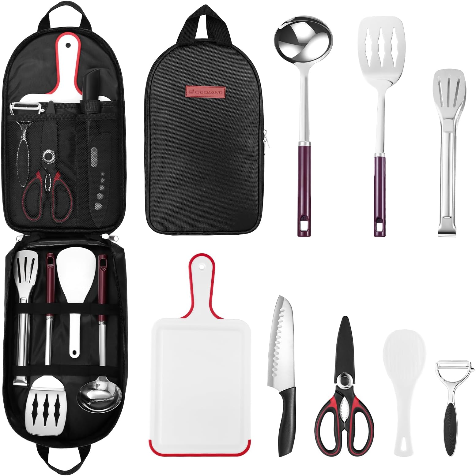 Odoland Camping Kitchen Utensil Organizer Travel Set with Tongs, Scissors, Cutting Board, Rice Paddle and Water Resistant Case for Indoor Daily Meal or Outdoor Hiking Picnic and Trekking