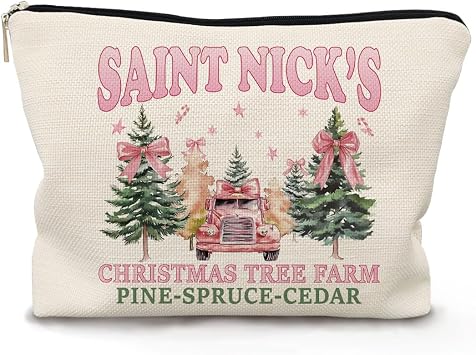 Pink Christmas Makeup Bag, Coquette Bow Tree Cosmetic Pouch for Women, Zipper Pouch, Womens Gift