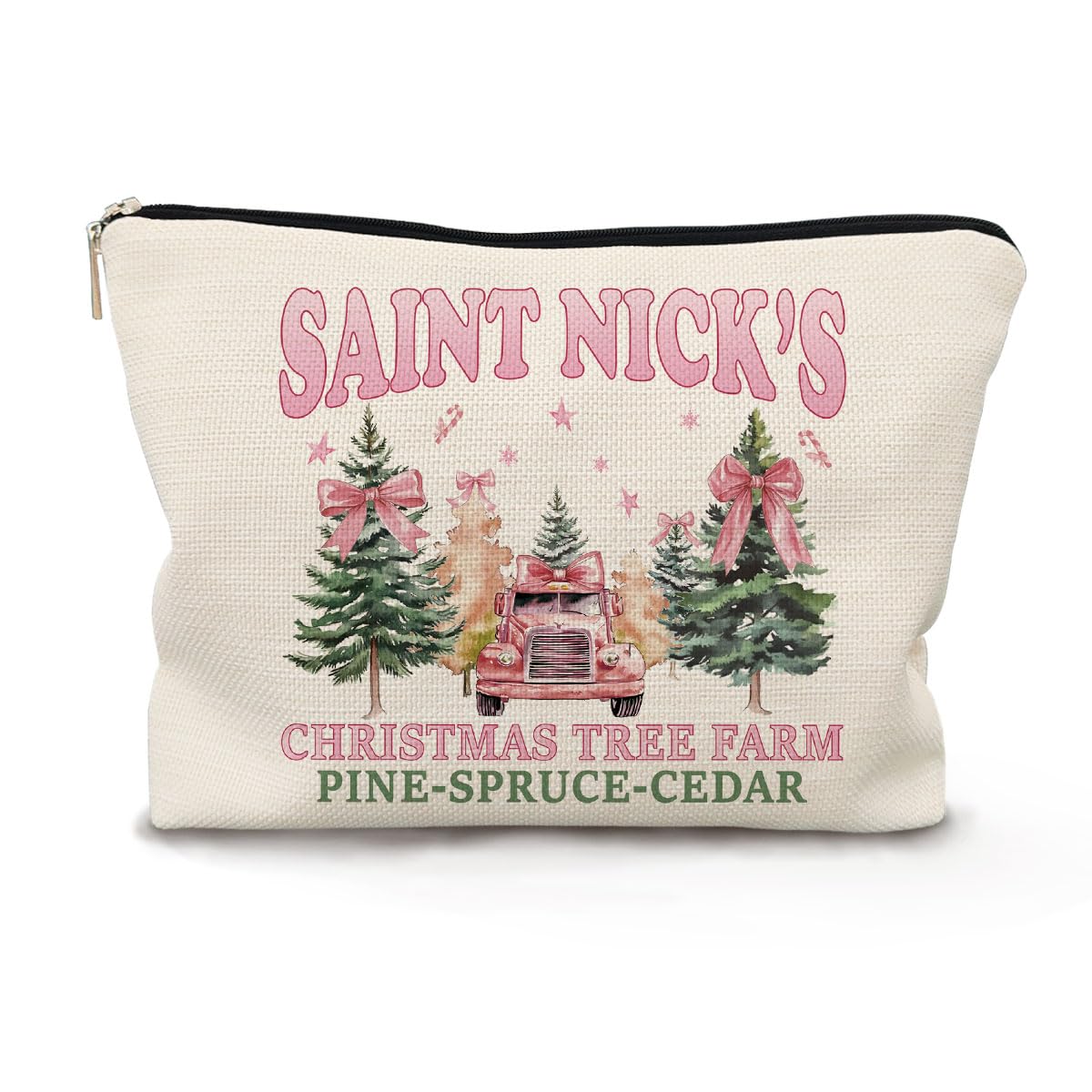 BARPERY Pink Christmas Makeup Bag, Coquette Bow Tree Cosmetic Pouch for Women, Zipper Pouch, Womens Gift