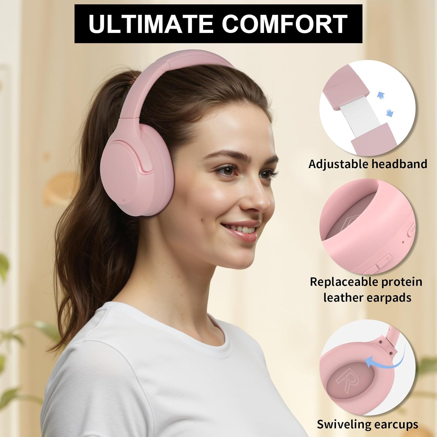 Active Noise Cancelling Headphones, 65H Bluetooth Headphones Custom EQ via App Headphones Wireless with Mic, Bluetooth 6.0 Detachable Cat Ears Foldable Headsets for Commuting Travel Work Home (Pink) - Image 9