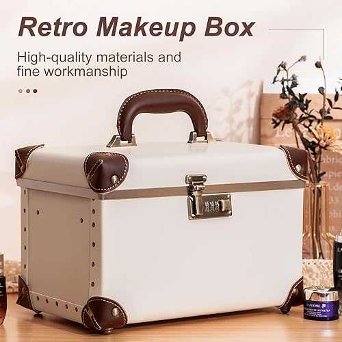 Miniatura 10 de urecity - Estuche organizador de maquillaje portátil de piel, con cerradura de combinación