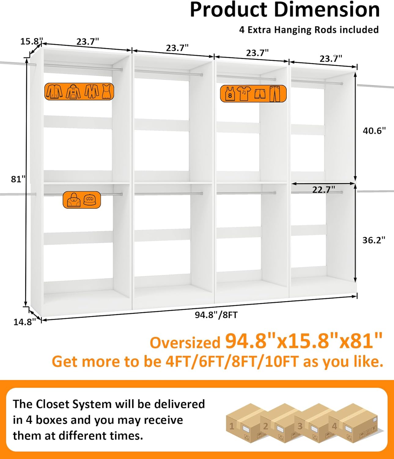 Closet System with 12 Hanging Rods& Shelf , 8FT Small Closet Organizer System Wood with Extra Side Hanging Rod for Walk in Closet Storage, Modular Closet Systems, White(8FT)