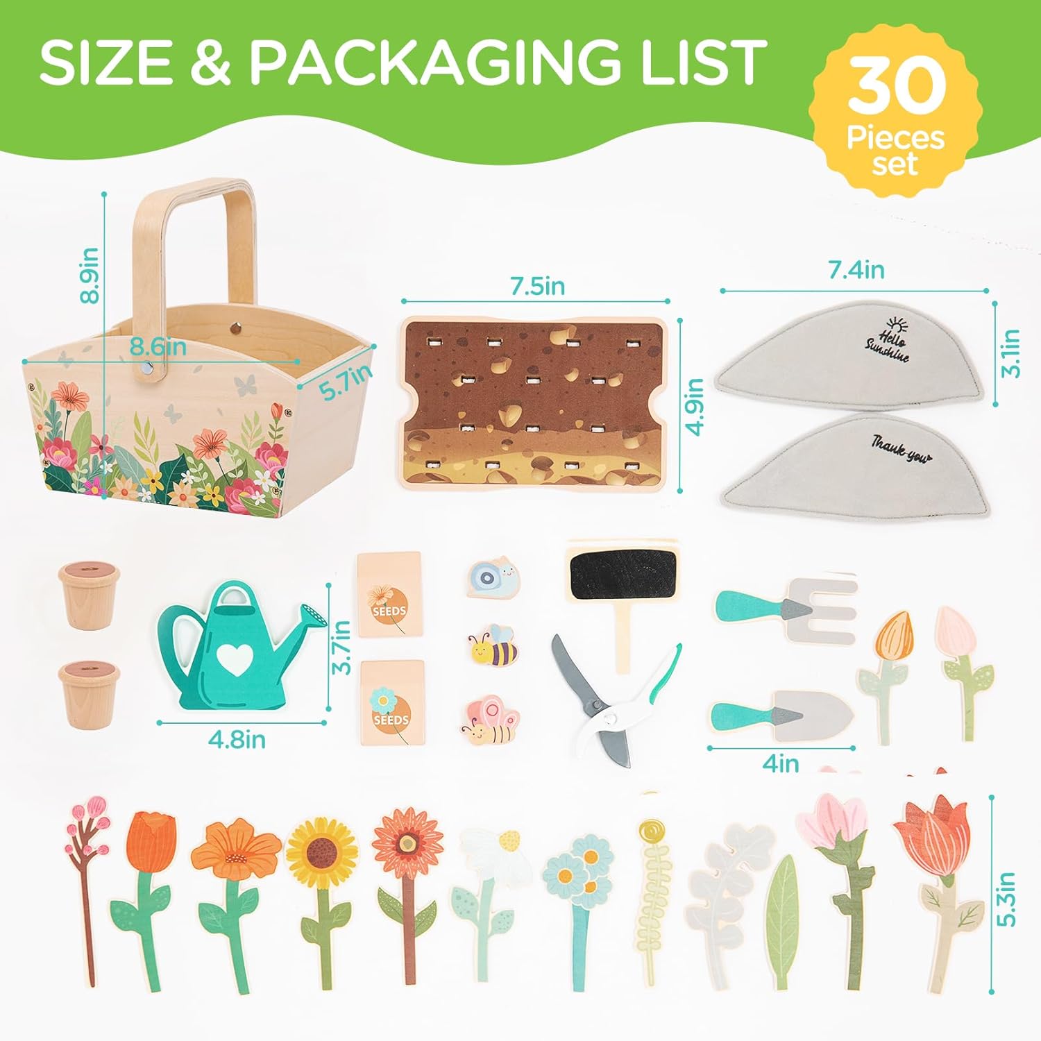 Wooden Pretend Play Toy Gardening Box-30 Pieces Wood Flower & Garden Tool Sets for Toddler 3 4 5 6 Year Old,Kids Educational Learning Toy,Girls Birthday Gift