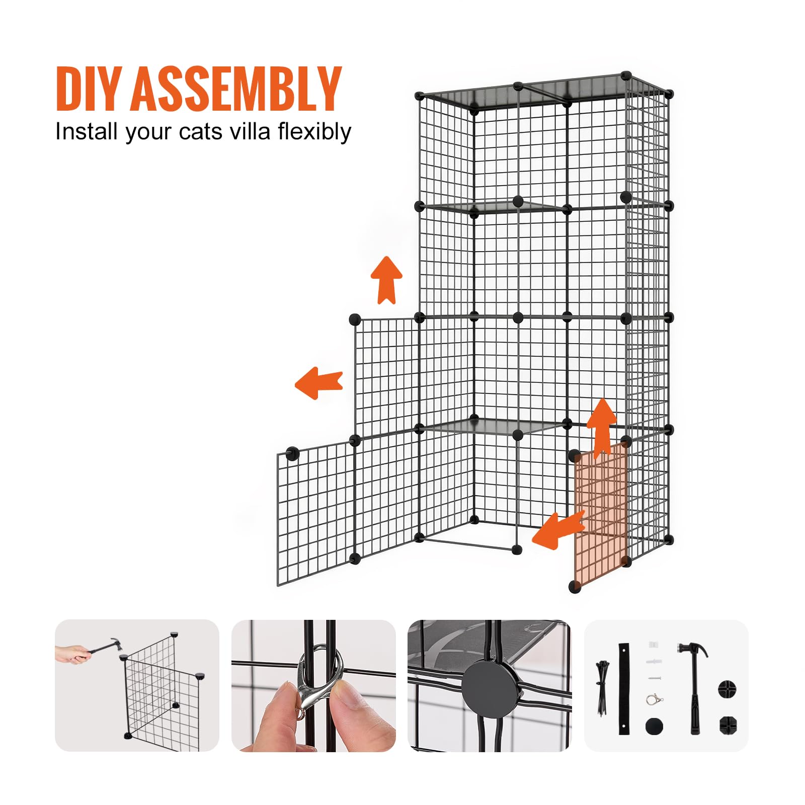 VEVOR Jaula Grande para Gatos de 3 Niveles 711 x 711 x 1041 mm, Recinto Duradero con Alambre de Metal Desmontable con Hamaca Grande y 2 Escaleras con Rampa para Gatos y Otros Animales Pequeños, Negro