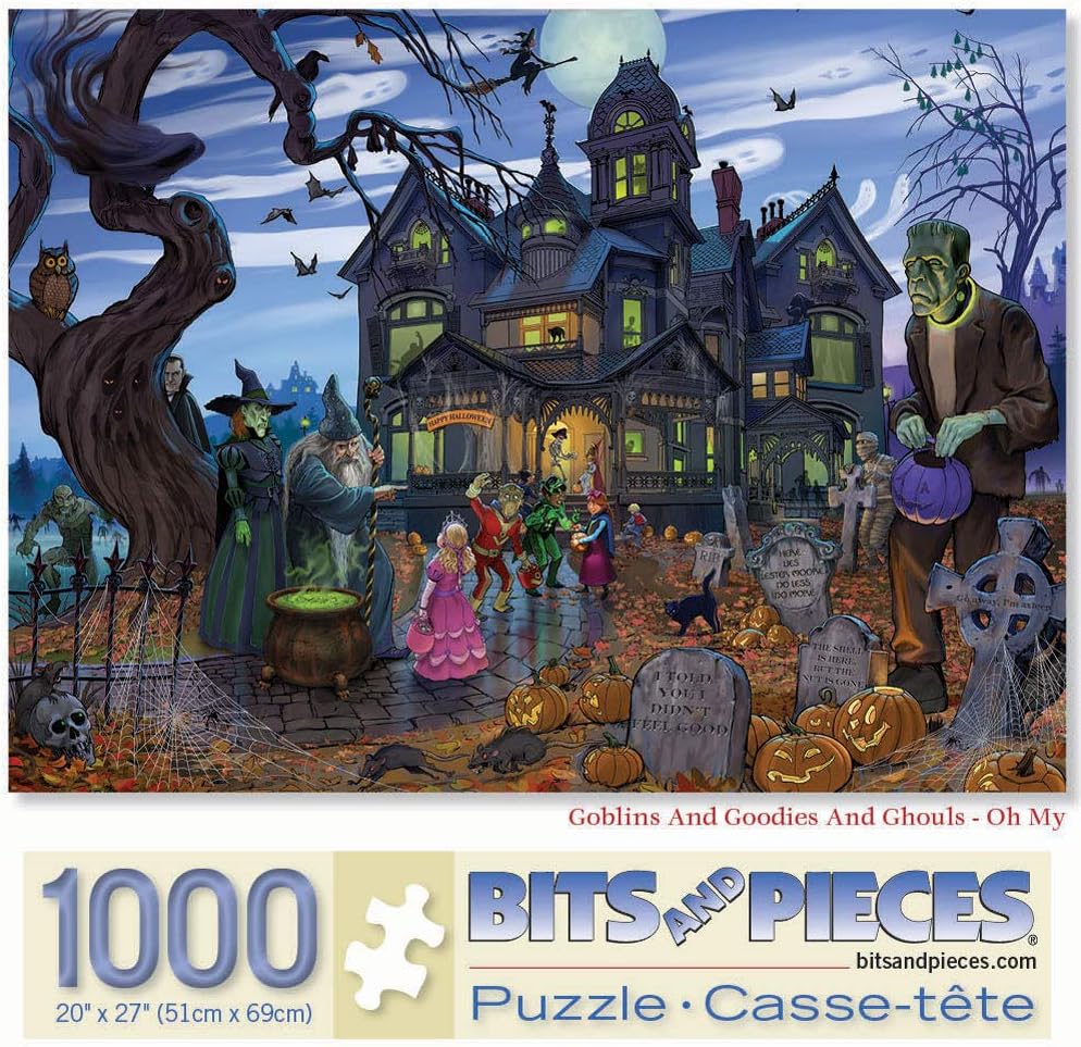 Bits and Pieces – 1000 Piece Jigsaw Puzzle for Adults – Goblins and Goodies and Ghouls - Oh My - Haunted House Halloween Trick or Treat Jigsaw Puzzle by Artist K. Sean Sulivan