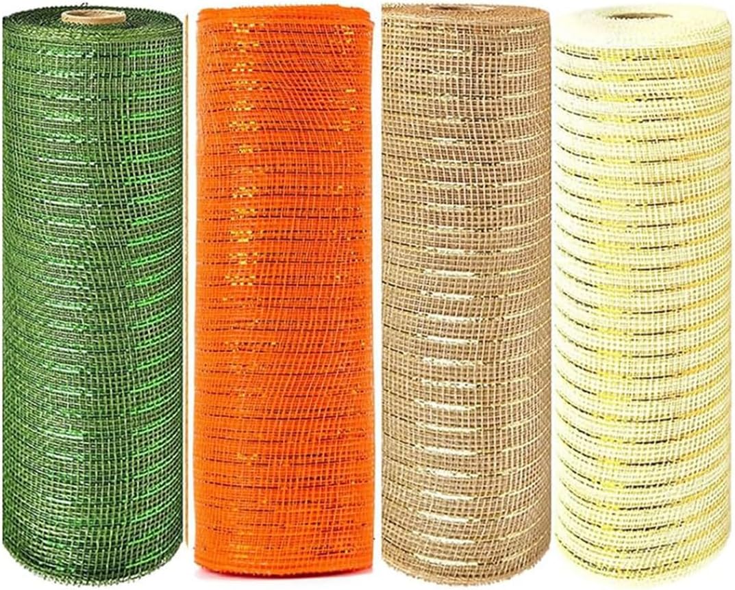 4 Rolls 10 Inchx10 Yards Fall Deco Poly Mesh Ribbon,Mesh Fall Poly