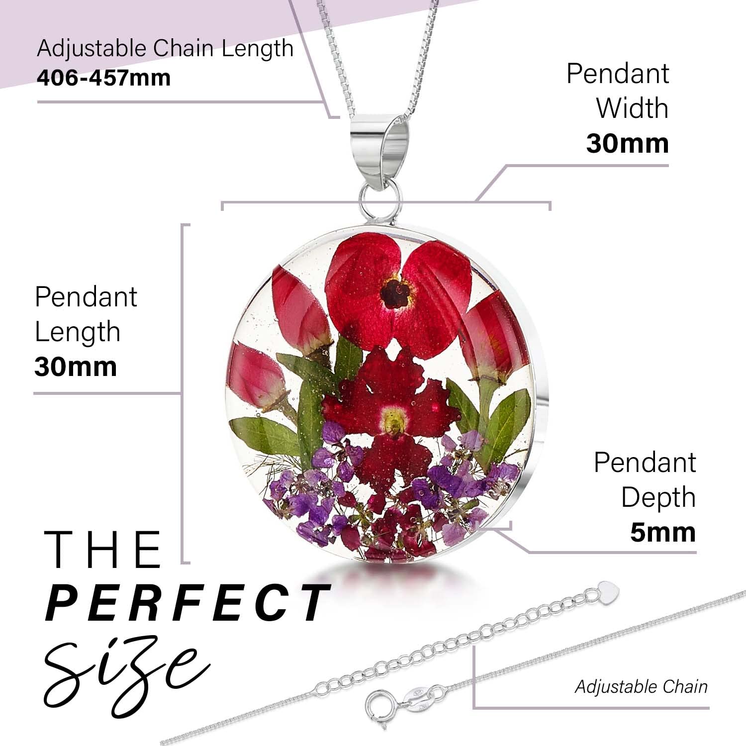 Shrieking Violet® - Collana in argento Sterling fatta a mano con veri fiori – collezione Bohemia – Poppy & Rose – Ciondolo rotondo con catena