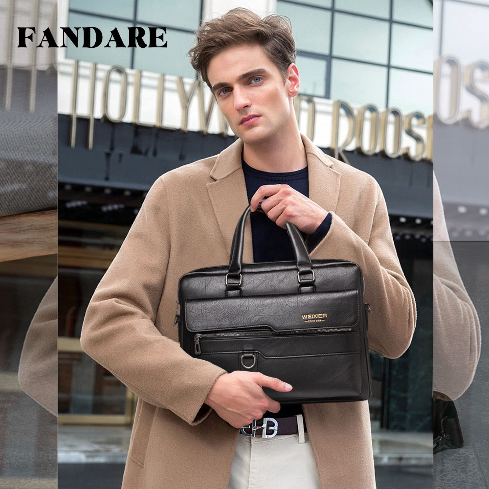 FANDARE Men Briefcase Messenger Bag PU Leather Tote Handbag fit 12.9 inch Laptop Shoulder Pack for Work Professional Satchel Business Office Travel Crossbody Bags Black