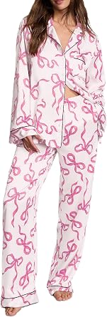 Yiulangde Silk Heart Dot Pajamas for Women Cute Satin Bow Print Long Sleeve Pjs Button Up Lounge Shirt Matching Pj Pants Sets