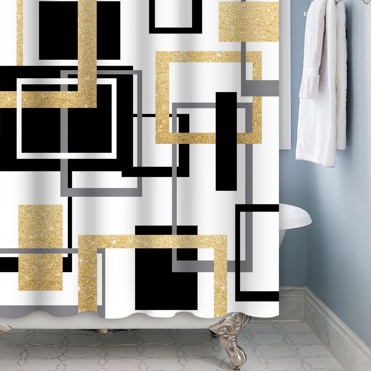 Baocicoo Modern Geometric Shower Curtain Black White Gold Geometry Squares Bath Curtain Abstract Mid Century Farmhouse Hotel Home Bathtub Decor Waterproof Curtain for Bathroom with Hooks 72x78 Inches