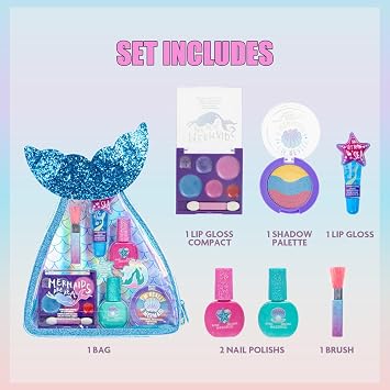 Townley Girl Mermaid Bag Makeup Set with Lip Gloss & Nail Polish, Ages 3+
