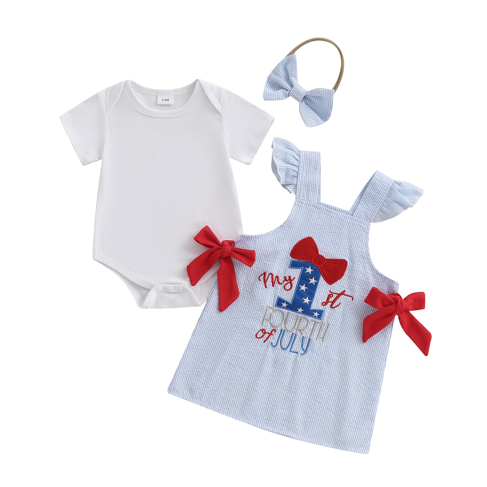 BeQeuewll Baby Girl 4th of July Outfit Infant Dresses Romper Letter Embroidery Overall Skirt Set 3Pcs Girl Patriotic Clothes (Bow 1st-Blue, 9-12 Months)