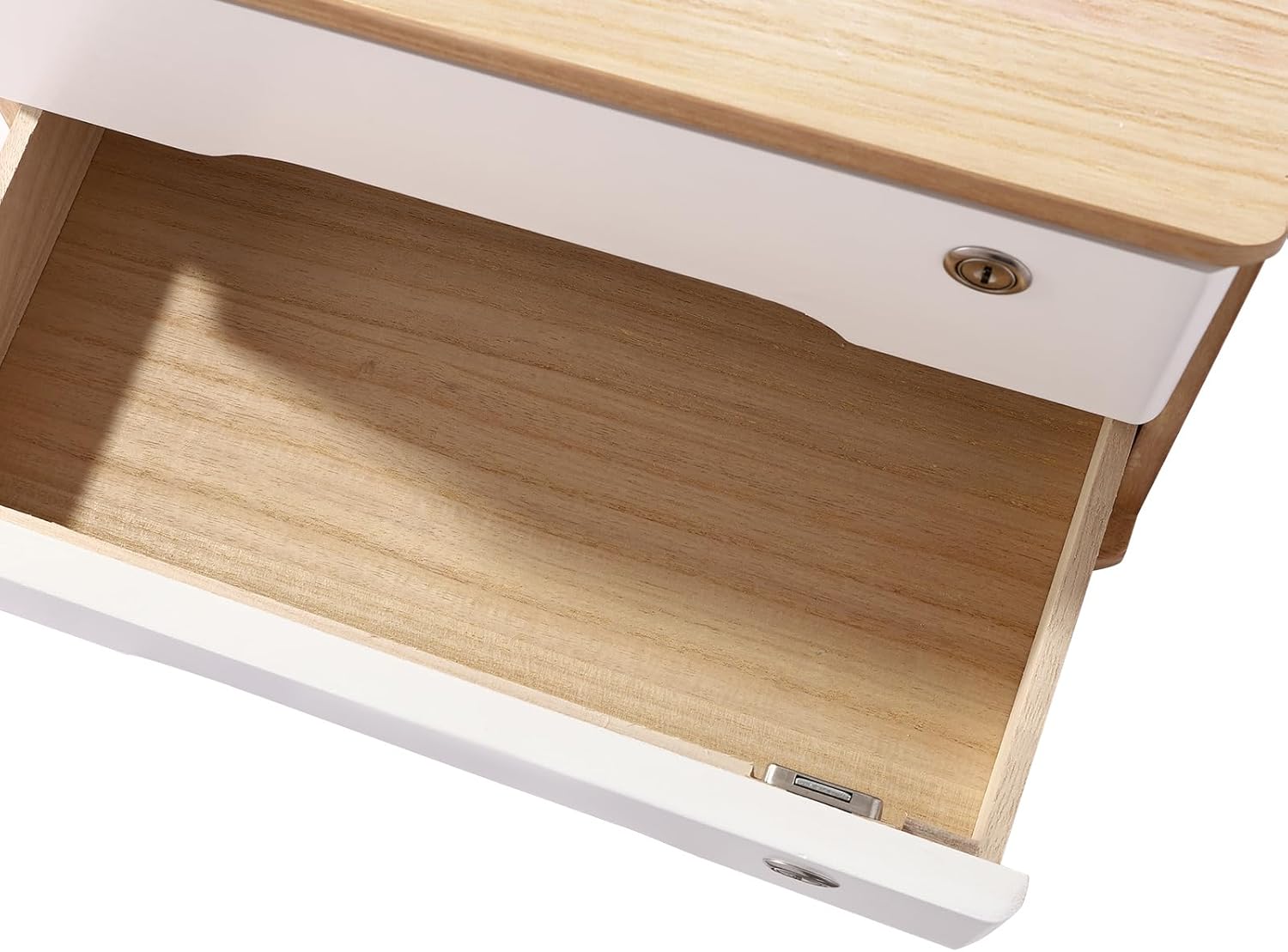 Lockable Desk Organizer Wooden Desktop Drawers Office Flat Files Storage Box Locking Countertop Storage Cabinet (Wood Color + White, 2-Tier)
