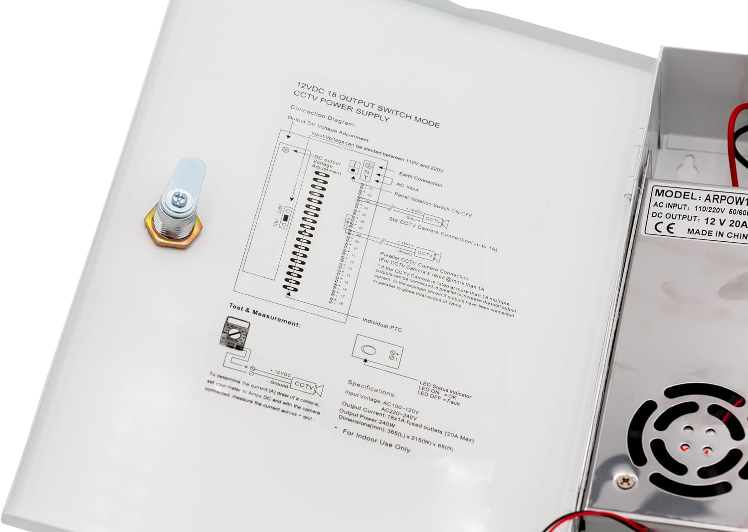 18 Channel/Port 20 AMPS, 12V DC 110v Power Supply Metal Box, Individually Fused for CCTV, LED, and All 12v DC Devices. Includes Grounded Power Cable, Extra Fuses & Screw Driver