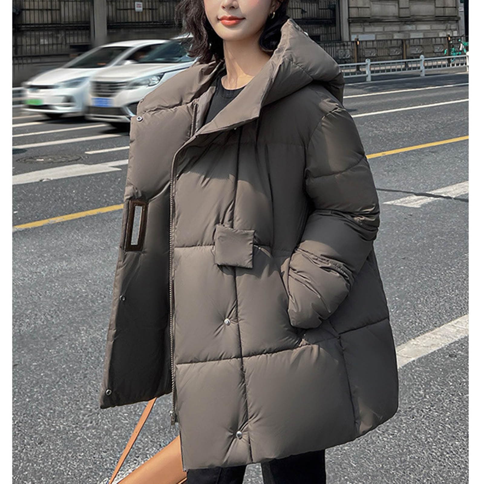 Mrat Piumino da donna, invernale, trapuntato, imbottito, con cappuccio, antivento, con tasche con bottoni, maniche lunghe, con cerniera, giacca termica da donna, leggera, morbida