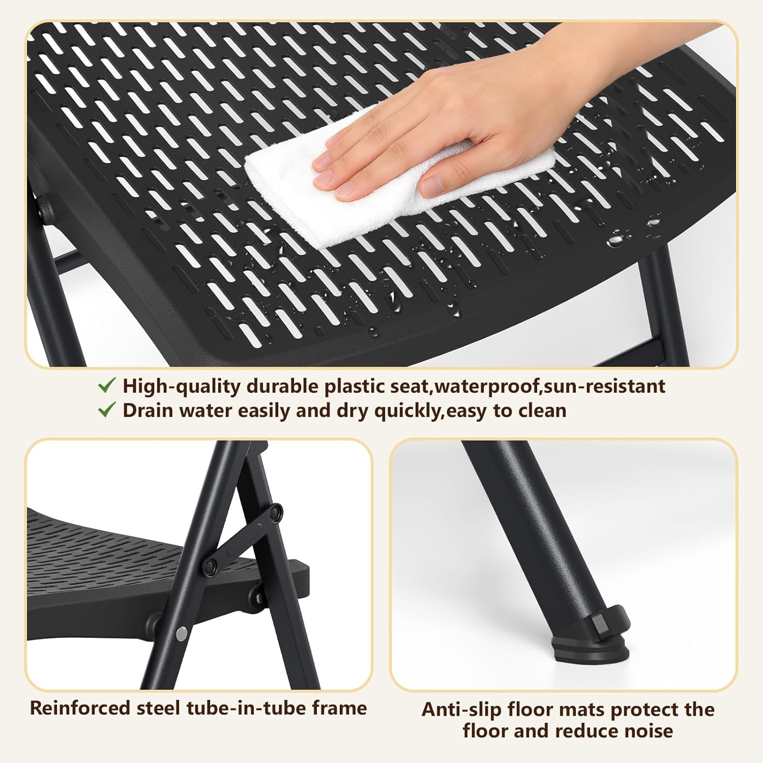 Folding Chair 4 Pack, Foldable Portable Chair with Breathable Molded Plastic Mesh Back & Seat, Sturdy Metal Frame Support up to 400lbs, Indoor Outdoor Foldable Chair for Party,Dinnig,Events,Black