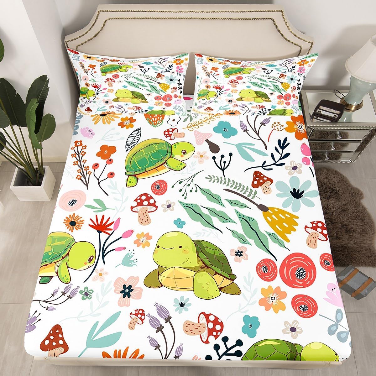 Erosebridal Kawaii Sea Turtle Full Sheet Set for Boys,Mushroom Floral Sheets Cartoon Animal Bed Sheets Set for Girls Kids Children,Watercolor Flowers Leaves Toddler Bed Set Cute Room Decor