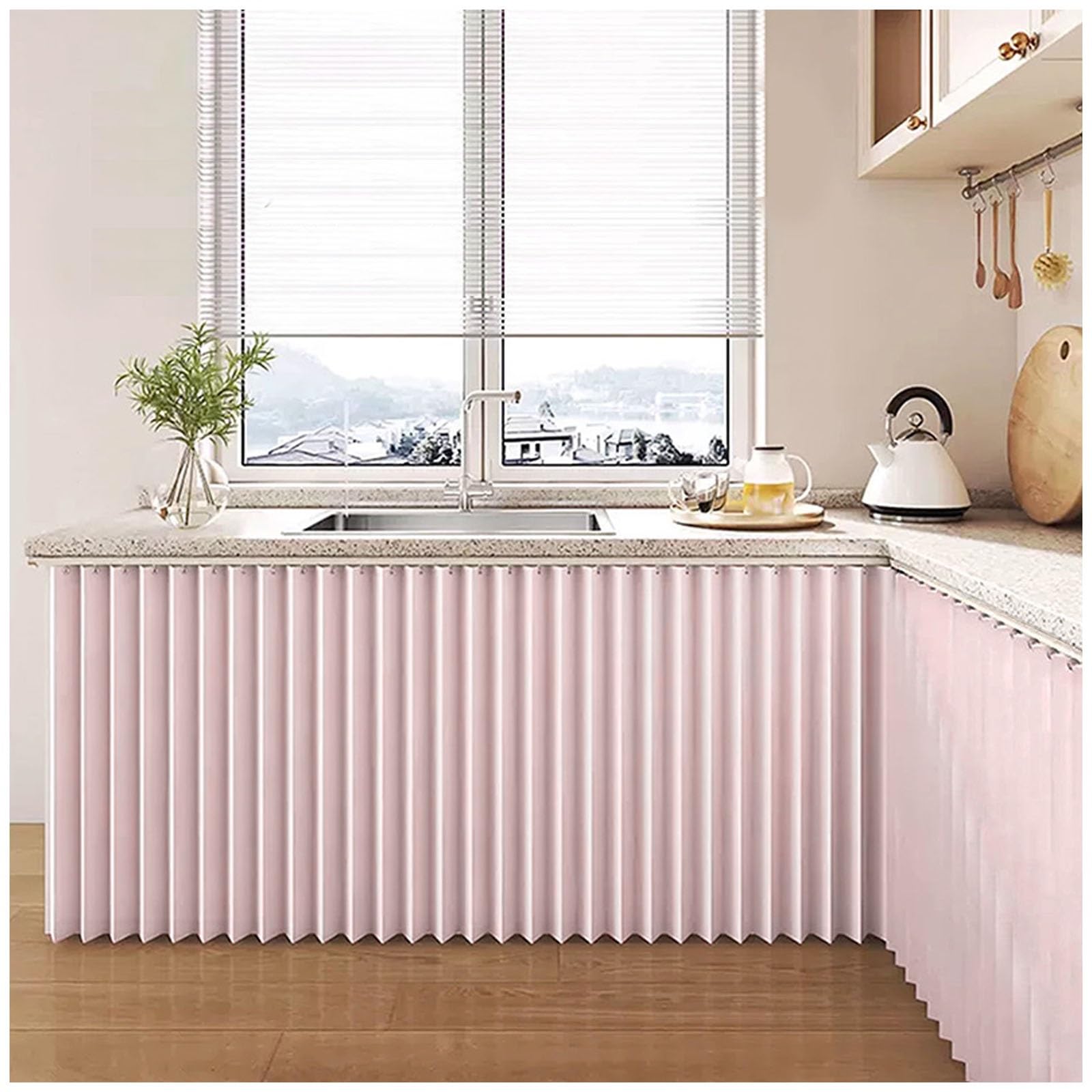 Cupboard Curtain Kitchen - Dustproof Blackout Waterproof Cafe Short Curtains with Self Adhesive Track, Under Sink/Counter Curtain, Kitchen Cabinet/Wardrobe/Washing Machine Curtains(Pink,140x100cm)