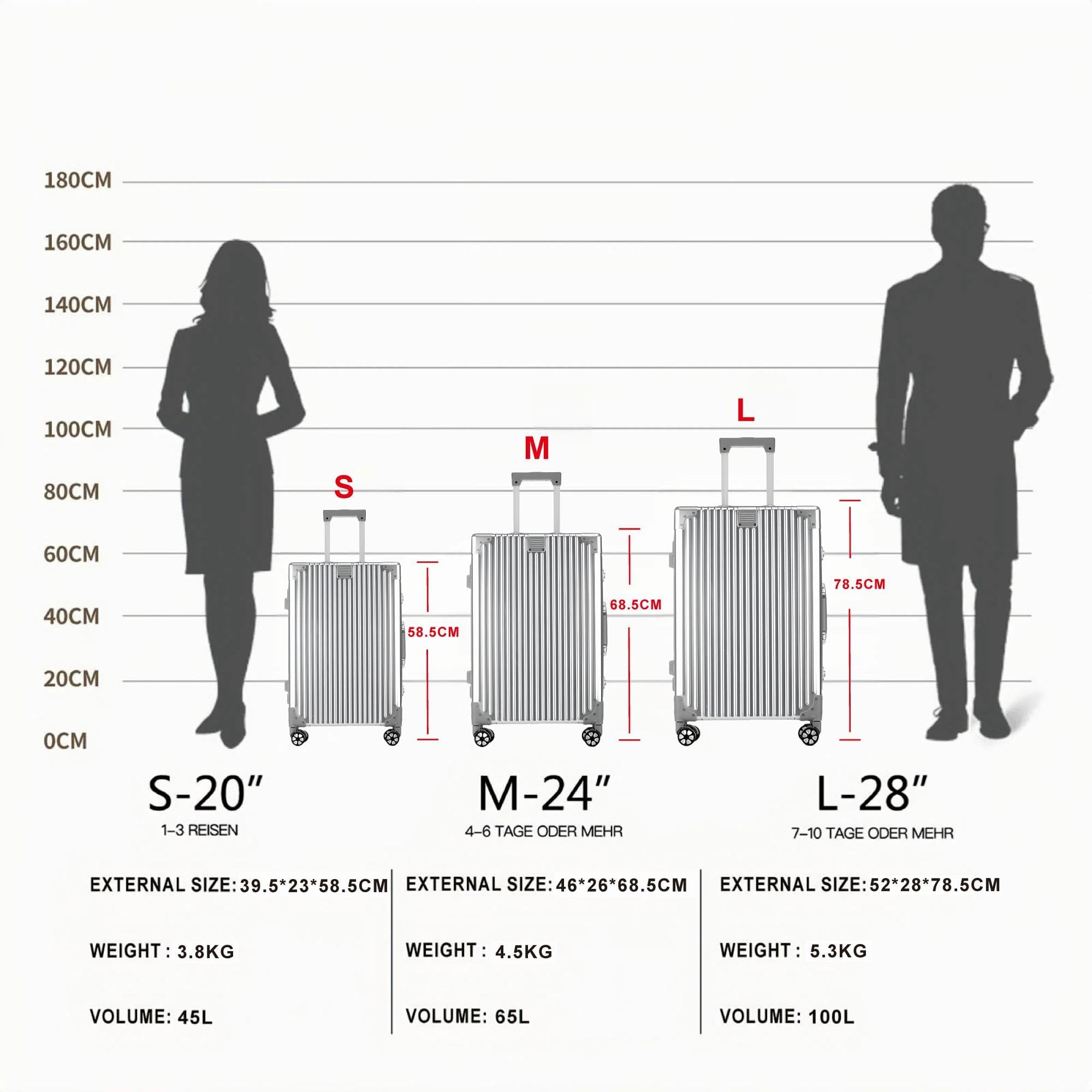 Valigia rigida trolley trolley valigia da viaggio bagaglio a mano manico telescopico TSA, 4 ruote, argento (100% alluminio), L, Trolley rigido in alluminio con ruote orientabili