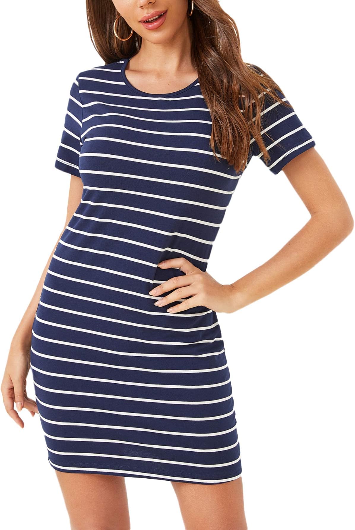 Floerns Women's Casual Short Sleeve Striped Bodycon T Shirt Short Mini Dress