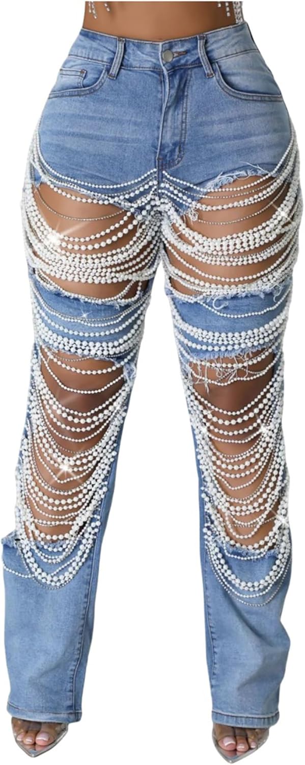 Lucuna Women's Rhinestone Ripped Jeans High Waist Boyfriend Cutout Straight Leg Pearl Distressed Denim Pants