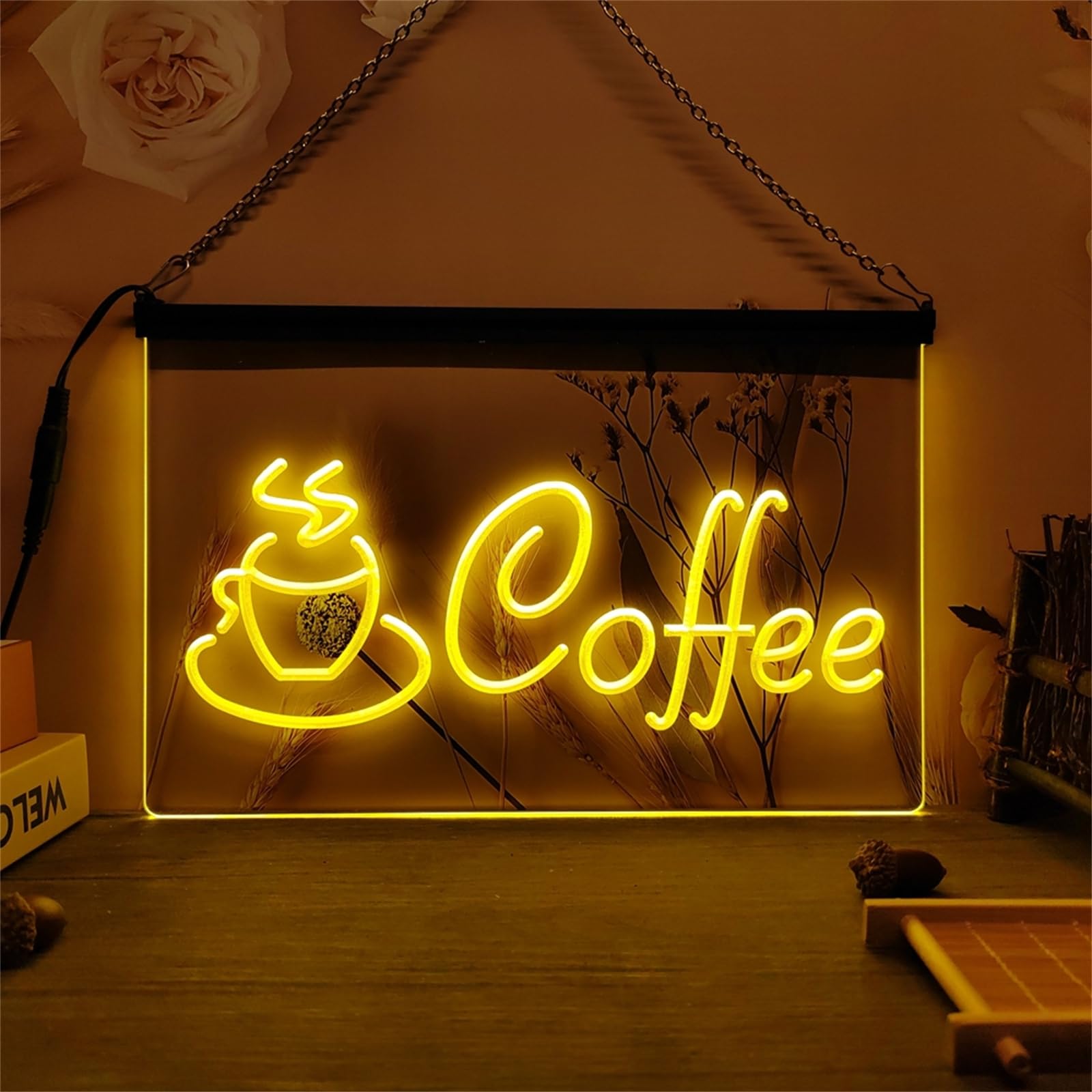 Coffee Cup Neonowy szyld do dekoracji ścian – ściemniane neony LED z zasilaniem USB, idealne do kawiarni, restauracji i na imprezy,Yellow,60x40cm