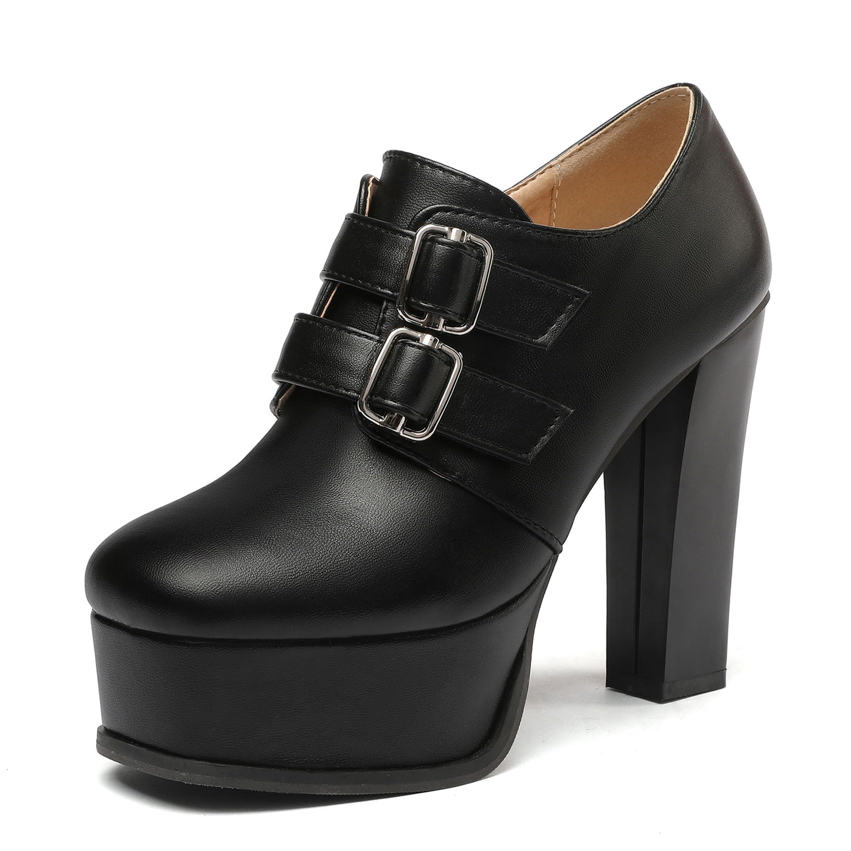 SHEMEE Womens Super High Heel Platform Pumps Block Chunky Heels Ankle Booties Buckle Pull On Dress Shoes
