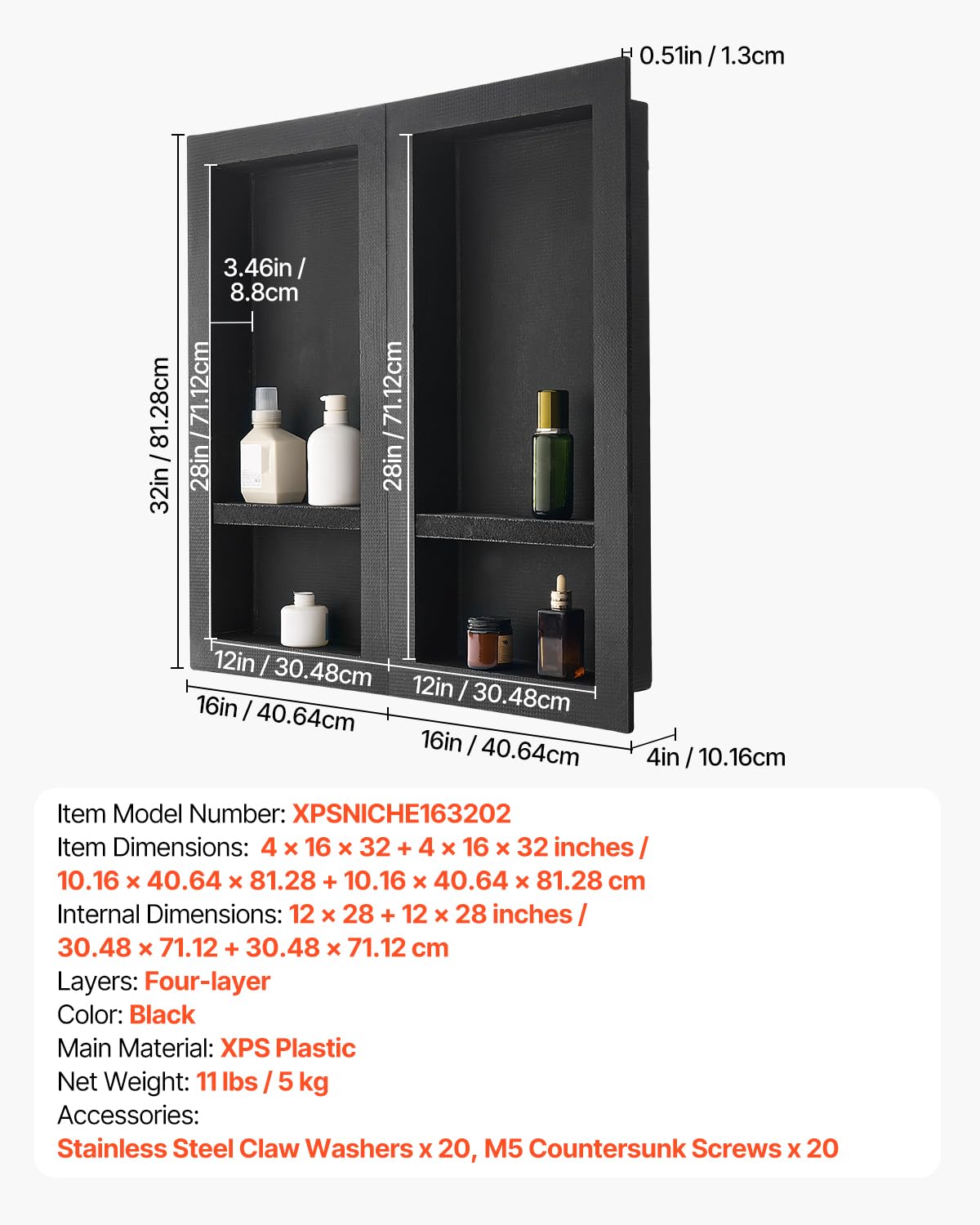 VEVOR Aneks prysznicowy, 40,6 x 81,3 cm + 40,6 x 81,3 cm, wnęka ścienna z ruchomym regałem, grubość 10,2 cm, nowoczesny organizer do przechowywania mydła i szamponu, czarny do prysznica łazienkowego
