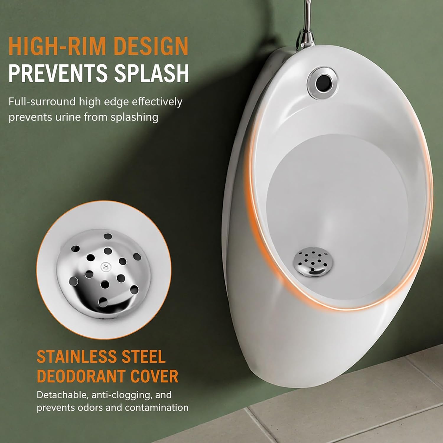 Wall Mounted Urinal for Men Bathroom, Ceramic Flushable Urinal with Splash-Proof High-Side Design, Waterfall Flush Men's Urinal for Home, Office, and Commercial Use(Silver)