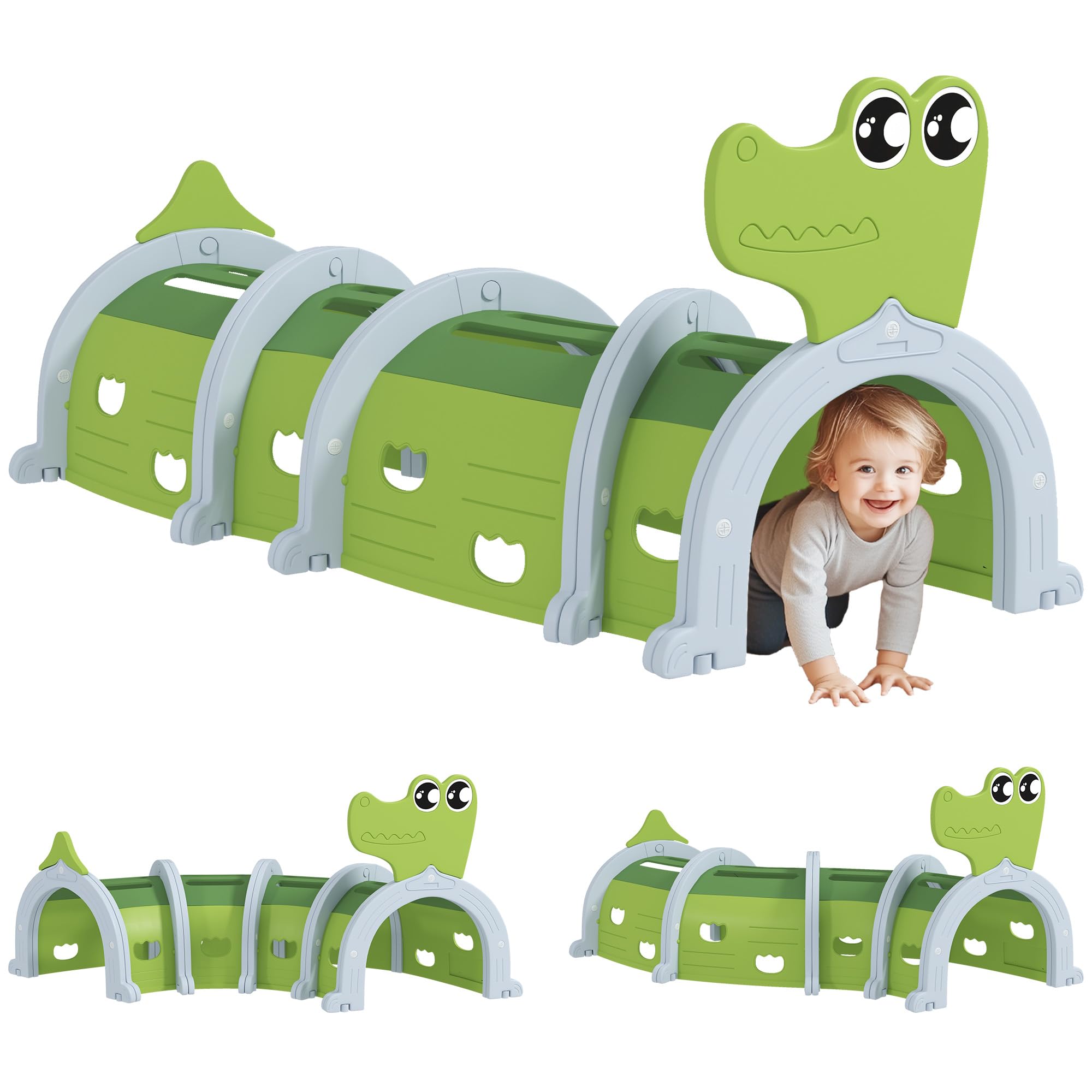 Qaba Crocodile Tunnel, Toddler Tunnel for Kids Crawl and Climb Through, Kids' Play Structure Indoor Outdoor, 4 Sections, Green