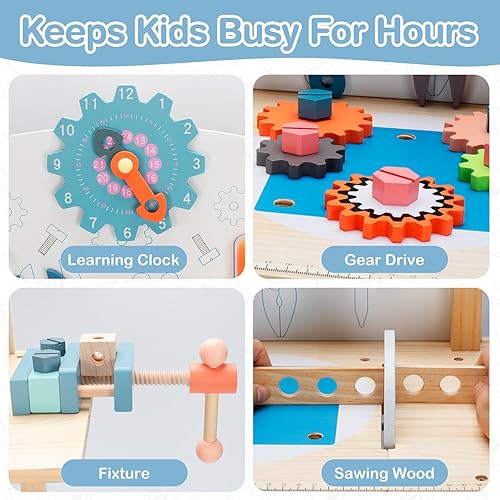 Miniatura 4 de V-Opitos Banco de herramientas de madera grande para niños, banco de trabajo de juguete de simulación con juego de herramientas para juegos de