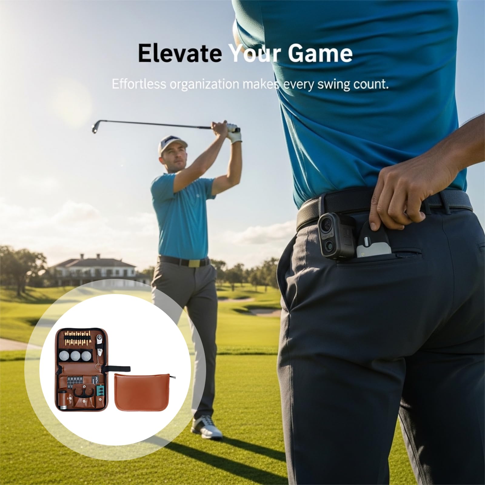 Golf-Zubehör Leder-Werkzeugtaschen-Set, tragbares Golf-Geschenkset mit mehreren Fächern, mit Entfernungsmesser-Fach und elastischem Band, leichter Organizer mit Reißverschluss, 25 x 17 x 6 cm