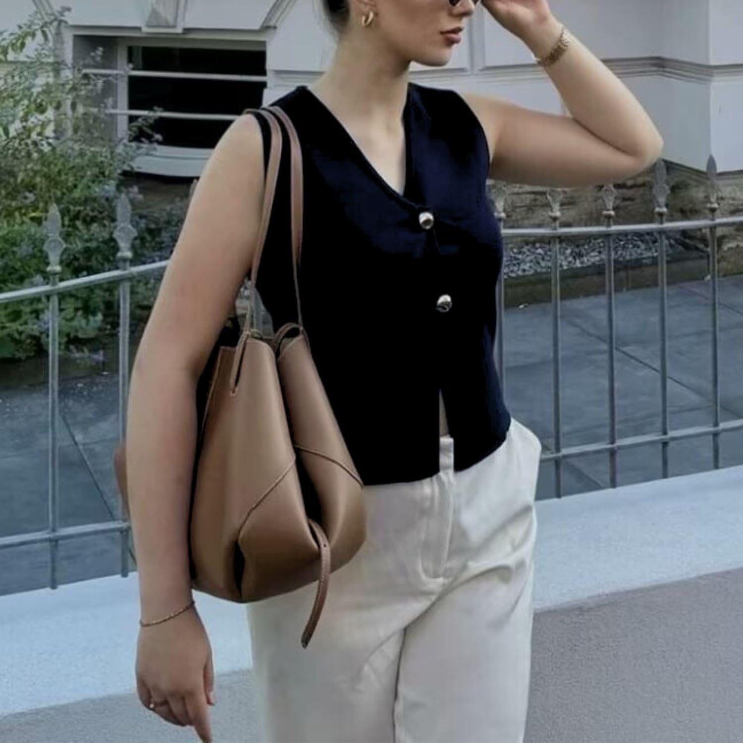 FindThy Women’s Cropped Knit Vest V Neck Button Up Solid Color Sleeveless Gilet Tank Tops(4081-Black-S-LB) - Image 3