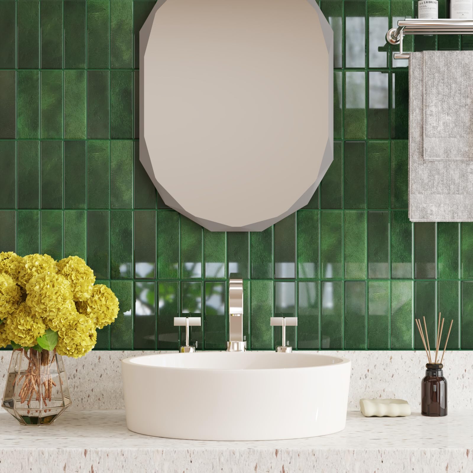 CRE8TIVE 16 Pezzi Piastrelle Adesive Effetto Marmo Verde Mattonelle Adesive Cucina Autoadesiva Rettangolare Paraschizzi Cucina Piastrelle Adesive Bagno Impermeabile per Lavanderia 30.5cm x 30.5cm